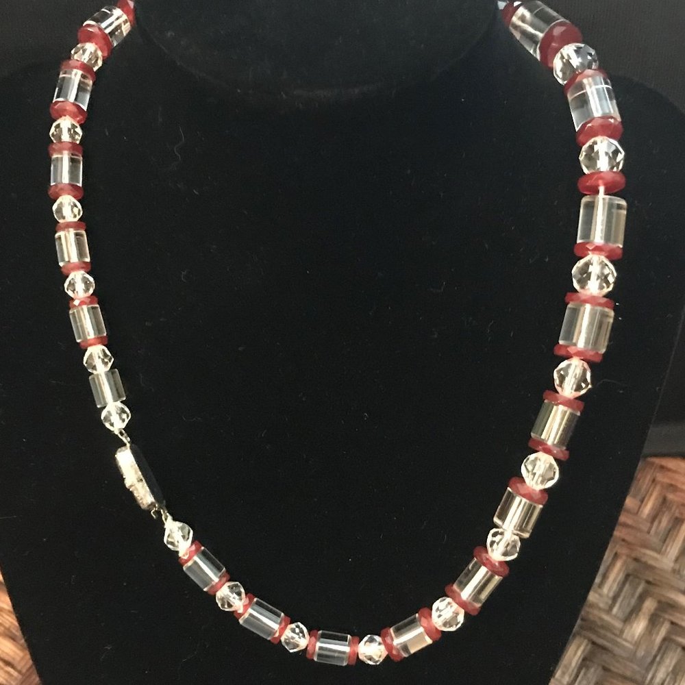 Vintage Art Deco Clear & Red Crystal Bead Necklace